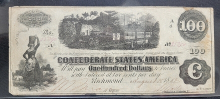 1862 CSA $100 T40 Banknote - Reissued at Houston Texas Jan 1863 - S/N 35390A; Fine