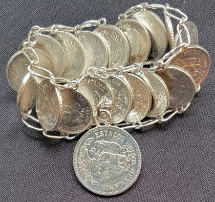 Mexican silver coin 7 inch silver bracelet crafted out of eighteen Type 4 20 centavos & one 50 centavos 0.720 silver coins