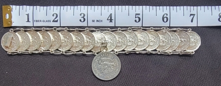 Mexican silver coin 7 inch silver bracelet crafted out of eighteen Type 4 20 centavos & one 50 centavos 0.720 silver coins