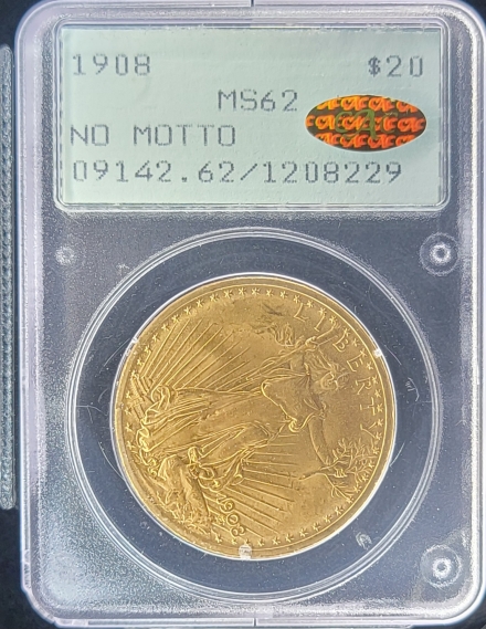 CAC GOLD 1908 No Motto St. Gaudens $20 Gen 1 OGH 'Rattler' PCGS slab MS62 1208229