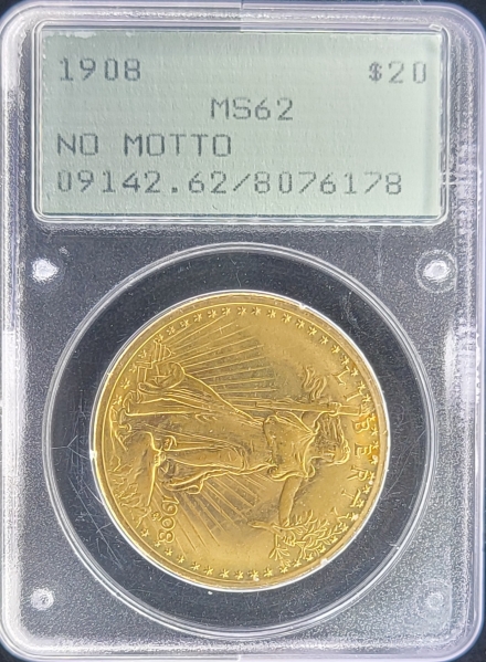 1908 No Motto St. Gaudens $20 in Gen 1 OGH 'Rattler' PCGS slab MS62