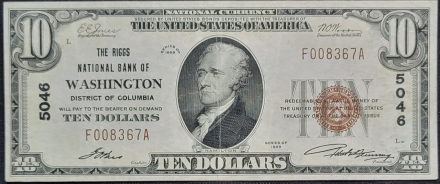1929 $10 National Bank Note – The Riggs National Bank, Washington D.C. #5046 Very Fine