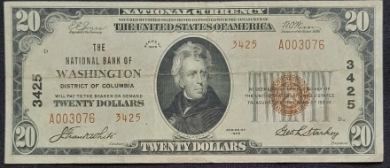 1929 $20 The National Bank of Washington DC | Low Serial A003076