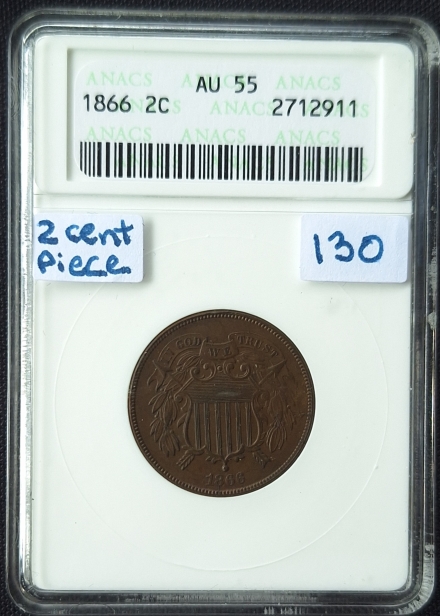 1866 Shield Two Cents  ANACS AU 55
