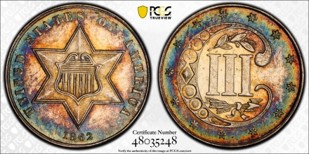 1862 Star Three Cent Silvers  PCGS MS62