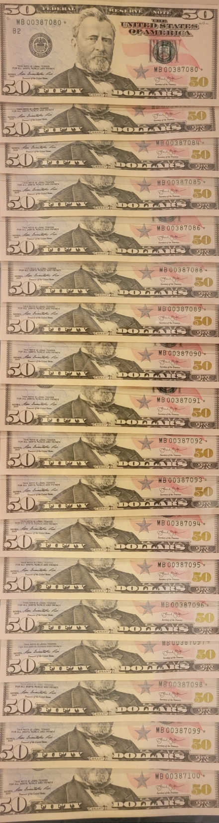 21 sequential Fifty Dollar Star Notes
