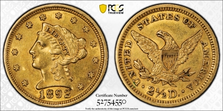 1892 Liberty Head $2 1/2  PCGS AU58