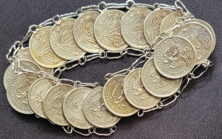 Mexican silver coin 8.5 inch silver bracelet crafted out of twenty Type 4 20 centavos 0.720 silver