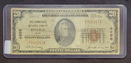 $20 VG-F Charter 4866 - Beeville Texas, The Commercial National Bank of 