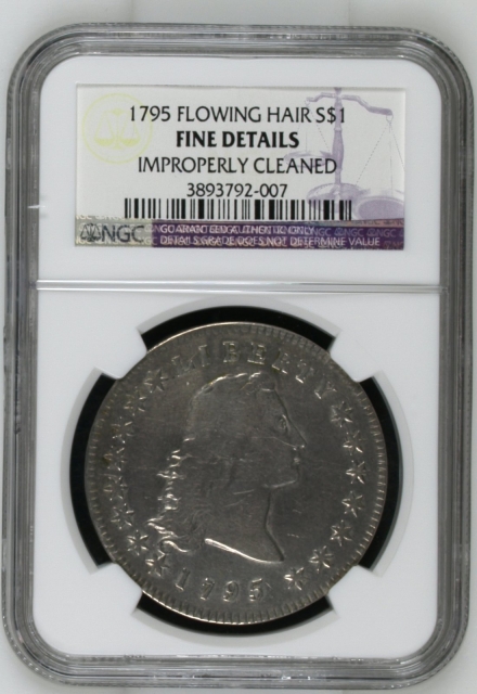 1795 Flowing Hair Silver Dollar, 2 Leaves, B-1, BB-21, R.2, NGC Fine 