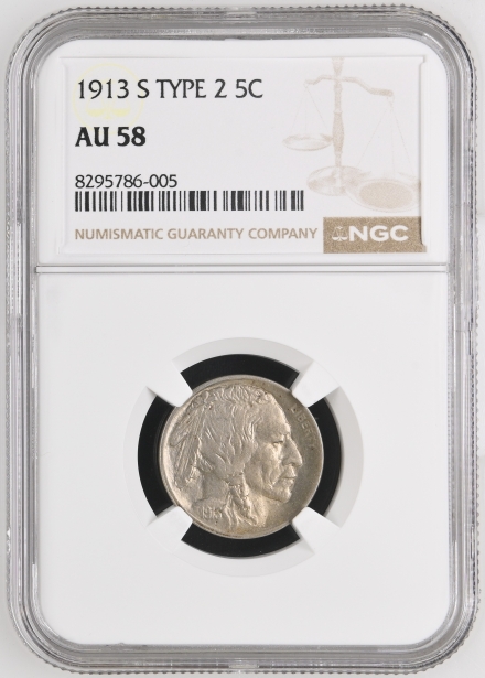 1913-S Type 2 Buffalo Five Cents  NGC AU 58