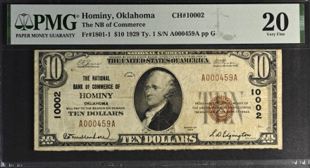 1929 $10 Type 1 National Bank Note – The National Bank of Commerce of Hominy, Oklahoma – VF 20 – Jones/Woods