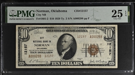 1929 $10 Type 2 National Bank Note – City National Bank of Norman, Oklahoma – VF 25 EPQ – Jones/Woods