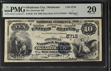 1882 $10 Date Back S/N E579328 The American National Bank of Oklahoma City – VF 20 Vernon /Treat Minor Rust