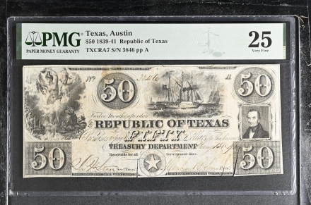 Jan 15, 1840 Republic of Texas $50 Banknote – PMG VF25 – TXCRA7 – Serial #3846