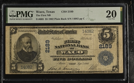 1902 $5 Plain Back S/N First National Bank of Waco -VF 20