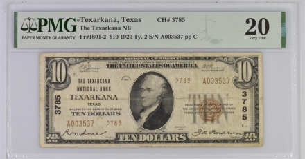 1929 $10 Type 2 National Bank Note – The Texarkana National Bank, Texarkana, TX – VF 20 – Jones/Woods