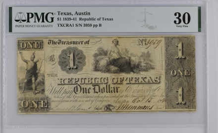 1840 Republic of Texas $1 Banknote – PMG VF30 – TXCRA1 – Serial #3959