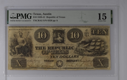 Jan 25, 1840 Republic of Texas $10 Banknote – PMG CF15 – TXCRA5 – Serial #6326