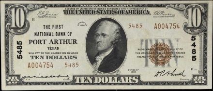 Port Arthur, Texas. $10 1929 Ty. 2. Fr. 1801-2. First NB. Charter #5485. Choice Very Fine.