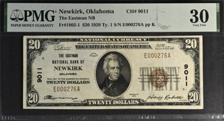 1929 $20 Type 1 National Bank Note – The Eastman National Bank of Newkirk, Oklahoma – VF 30 – Jones/Woods