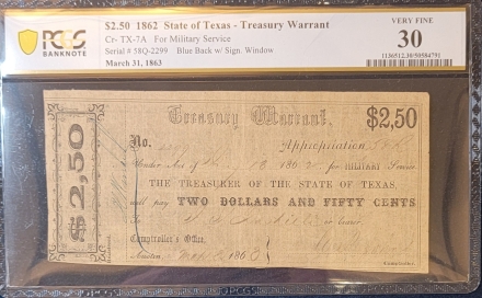 1862 $2.50 State of Texas- Treasury Warrant